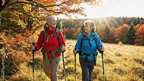 Two happy women hiking in autumn forest. They enjoy beautiful nature and fresh air. Outdoor adventure creates joyful memories together. Fall colors enhance peaceful atmosphere.