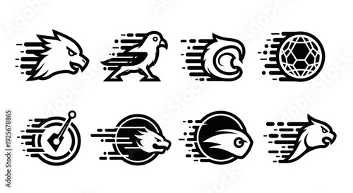 Dynamic collection of eight black and white speed-themed animal and object logos.