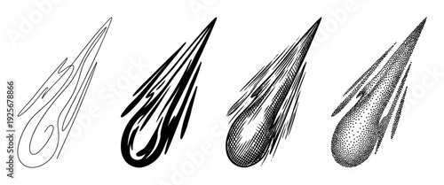 Four black and white meteor illustrations showing different artistic techniques including line art, silhouette, engraving, and stippling for a vintage scientific aesthetic