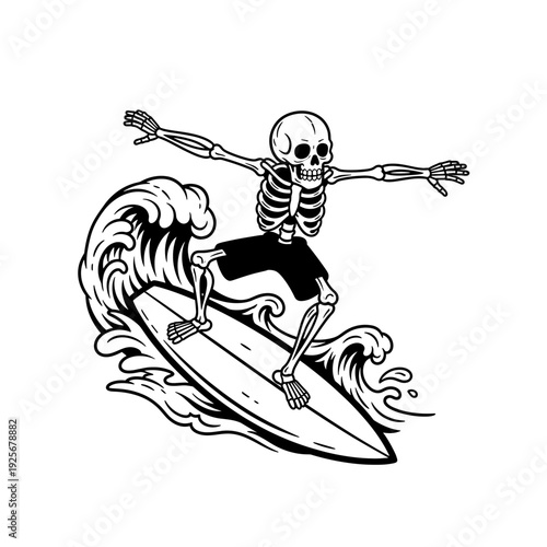Skeleton Surfing on a Wave Black and White Illustration.
