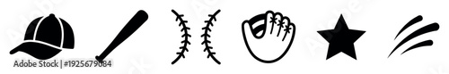 Set of black baseball sport icons including a cap, bat, ball stitches, glove, star, and motion lines in a simple minimalist graphic style for athletic design elements