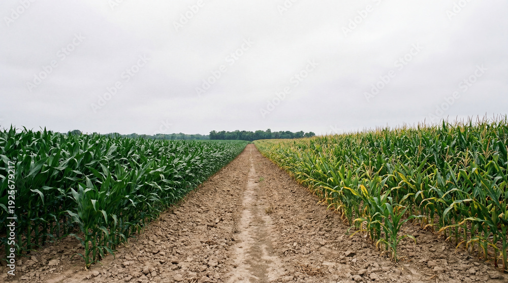 Fototapeta premium Rustic journey through verdant cornfields, a clear dirt path marking the vibrant divide between lush green growth and sun-kissed golden harvest