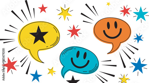 Colorful smiley faces and stars illustration