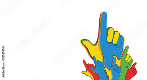 A dynamic cluster of five stylized, colorful hands with index fingers extended points upwards on a clean white background.