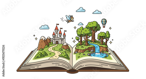 An open book with brown covers reveals an elaborate fantasy landscape featuring a castle, forest, waterfall, and a flying fairy against a white background.