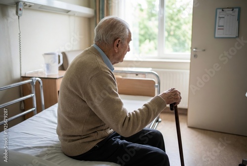 Lonely elderly man sitting on hospital bed with walking cane in nursing home room reflecting aging and healthcare support