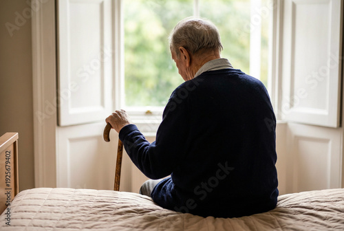 Lonely elderly man sitting on bed holding walking cane near window reflecting aging and isolation