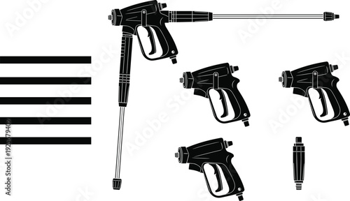 Black and white of various spray gun tools equipment hardware