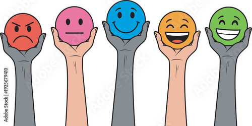 Diverse emotions represented by colorful smiley faces held by human hands