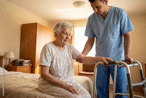 Nurse assisting elderly woman using walker in bedroom rehabilitation and senior healthcare support