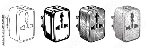 Four universal travel power plug adapters illustrated in different artistic styles, including line art, solid black and white, engraving, and stippling for a graphic design set
