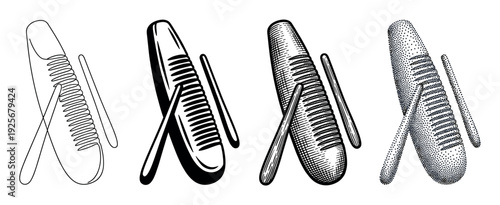 Set of four güiro musical instruments with scrapers illustrated in different artistic styles including line art, silhouette, vintage engraving, and stippling dotwork