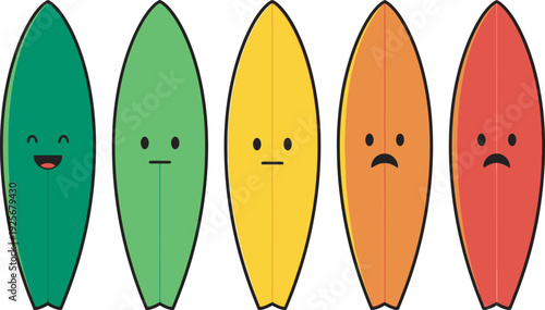 A row of five surfboards with different colored faces