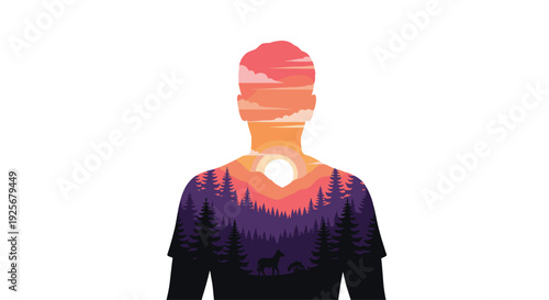 A detailed silhouette of a man's upper torso reveals a vibrant sunset over a dense pine forest with deer inside on a white background.