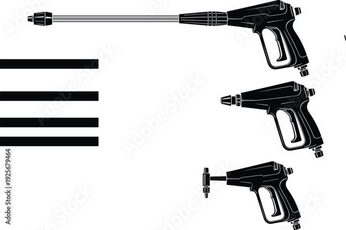 Black and white of three caulking guns with different nozzle attachments tools nozzles construction