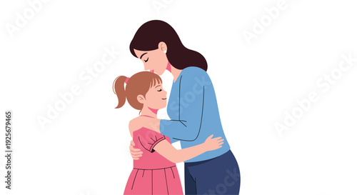 A loving mother in a blue top and dark pants gently kisses her daughter's forehead while embracing her against a stark white backdrop.