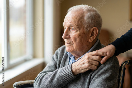 Sad elderly man looking through window while caregiver offers support in nursing home