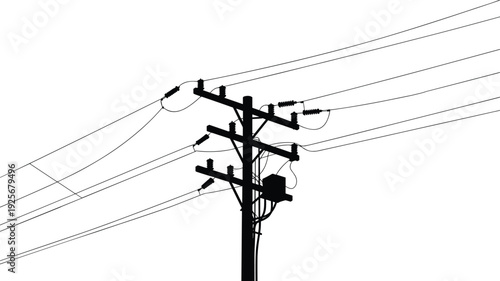 Black silhouette of electric power transmission pole with wires and insulators electric pole power lines