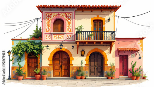 Cartoon Background Vibrant multi-story building with colorful facade, ornate window, balcony, and potted plants, Mediterranean architectural style