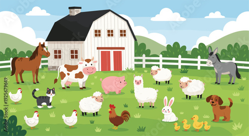 Farmyard Animals with Barn including Horses, Pigs, Sheep, Ducks, and More