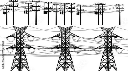 Electricity transmission towers and utility poles with wires