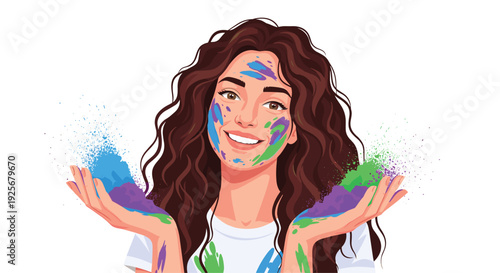 A smiling young woman with long brown hair, covered in colorful Holi powder, holds her hands up as blue, purple, and green powder explodes from her palms.
