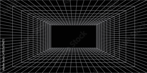 Futuristic perspective grid box. Abstract wireframe with white grid line on black background. Virtual reality landscape in 80s 90s digital style. Vector
