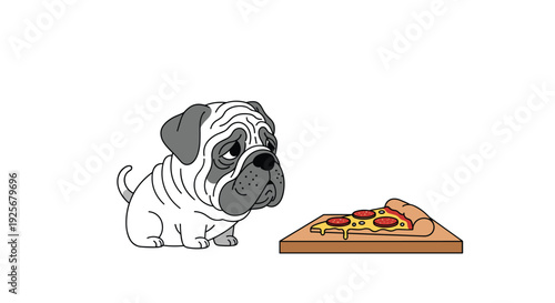 A small, grey and white pug puppy sits on a white surface, intently looking at a single slice of pepperoni pizza placed on a wooden board.
