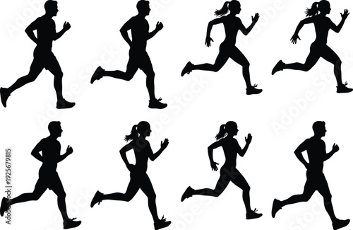 Silhouettes of runners in various dynamic poses during a race