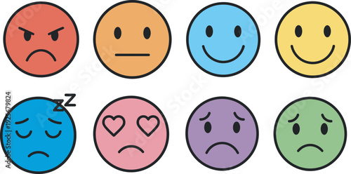 A diverse set of eight emoticon faces with various expressions and colors