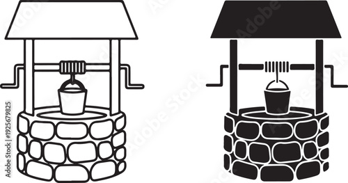 Black and white line and silhouette well structures with bucket and roof wishing well stone well