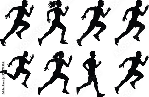 Diverse silhouettes of people engaging in dynamic running and sprinting poses
