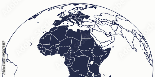 A curved projection of the Earth shows the continents, with Africa and Europe distinctly shaded in dark blue against the white background outlining other landmasses.
