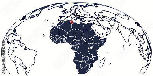 World map illustration highlights the continent of Africa shaded dark blue with a small red marker indicating a specific location near the Mediterranean coast.