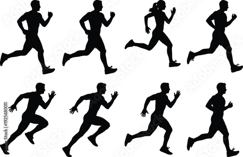 Dynamic silhouettes of runners in various sprinting and jogging postures