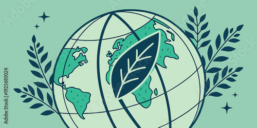 A central large leaf overlays a stylized globe illustration surrounded by decorative leafy branches against a soft teal background with stars.