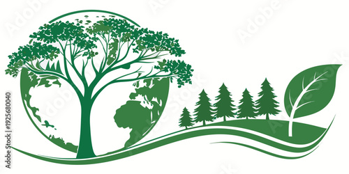 A large deciduous tree stands prominently atop a green Earth outline next to a row of coniferous trees and a single leaf icon.