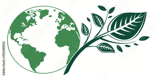 A green sprout with large leaves emerges from the outline of the Earth globe symbolizing ecological growth and environmental care.