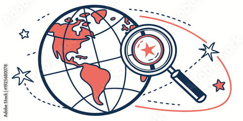 A magnifying glass hovers over a section of the world map, highlighting a star symbol within its lens for detailed exploration.