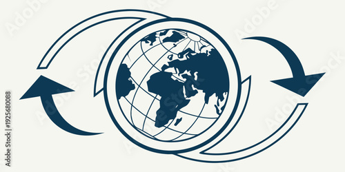 Two large curved arrows demonstrate a circular exchange or global synchronization concept surrounding a stylized Earth icon.