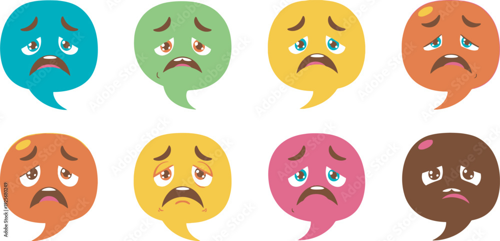 Fototapeta premium A set of eight colorful emoticon faces with speech bubbles expressing various negative emotions on white background