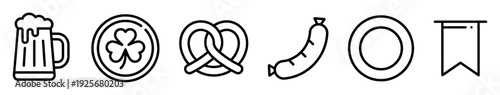 Minimalist set of black outline icons representing festival food and holiday symbols, including a beer mug, shamrock coin, pretzel, sausage, plate, and a pennant flag