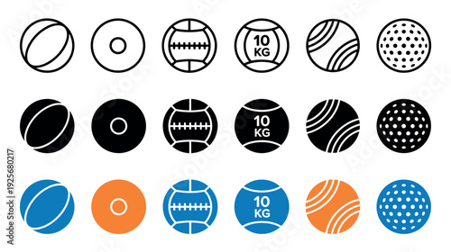 Collection of sports ball icons in line, glyph, and color styles for fitness and recreation concepts, including medicine ball, volleyball, and golf ball designs for graphic use