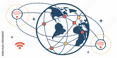 Digital illustration shows a connected global network with dotted lines linking remote wireless access points orbiting the central Earth graphic.