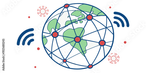 Stylized globe features a network grid with connecting nodes and radiating wireless signals above a white background.