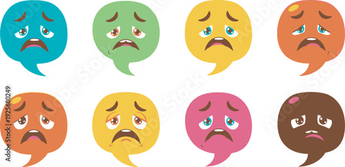 A set of eight colorful emoticon faces with speech bubbles expressing various negative emotions on white background