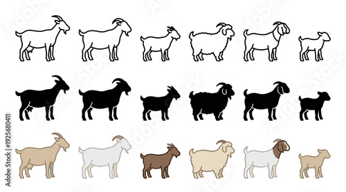 Collection of goat illustrations showing various breeds and ages in three different graphic styles: simple line art, solid black silhouette, and flat color vector design