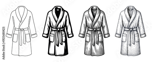 Set of four bathrobe illustrations rendered in different graphic styles, from simple line art and bold silhouette to detailed engraving and stippling