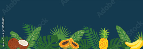 Tropical Fruit Jungle Banner with Pineapple Banana Coconut and Palm Leaves on Dark Blue Background