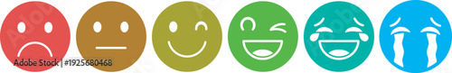A colorful array of six emoticon faces in red brown green light green teal and blue hues expressing various emotions on a white background